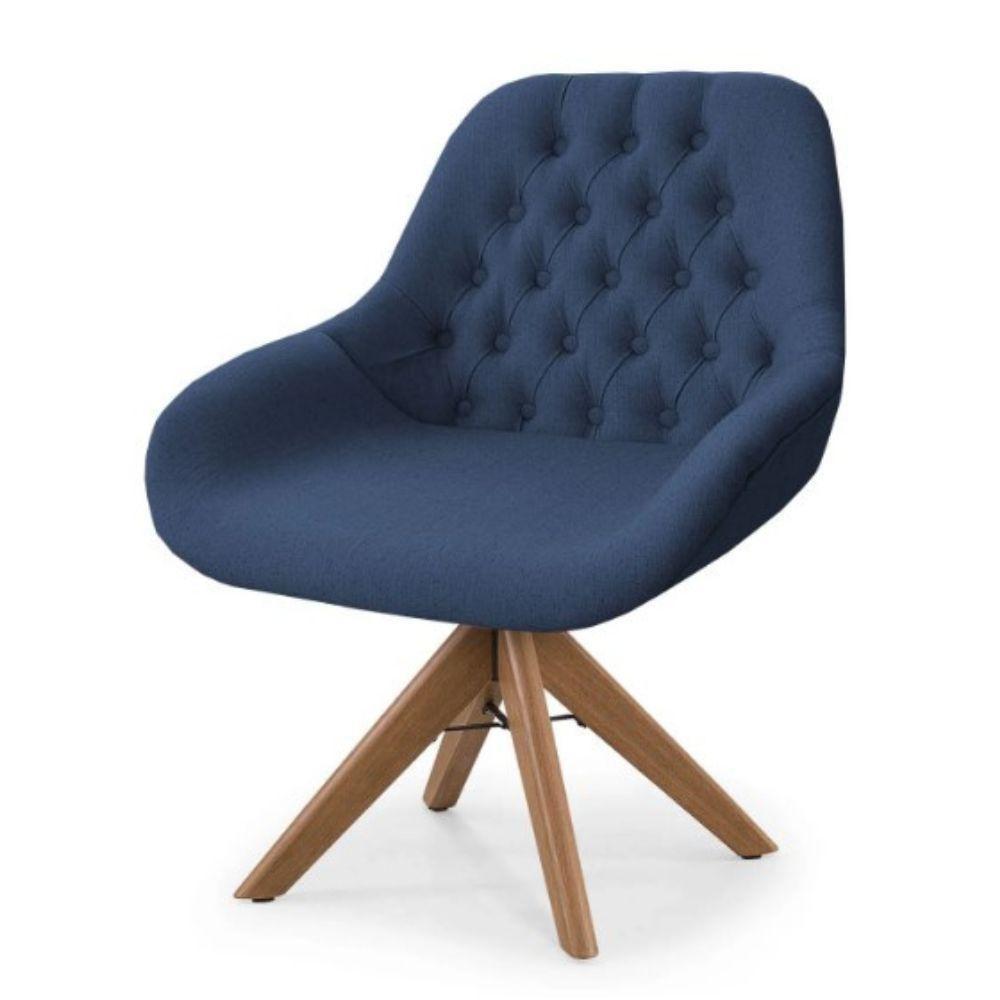Poltrona Pandora Linho Azul Com Capitonê E Base Giratória Madeira - 4