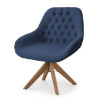 Poltrona Pandora Linho Azul Com Capitonê E Base Giratória Madeira