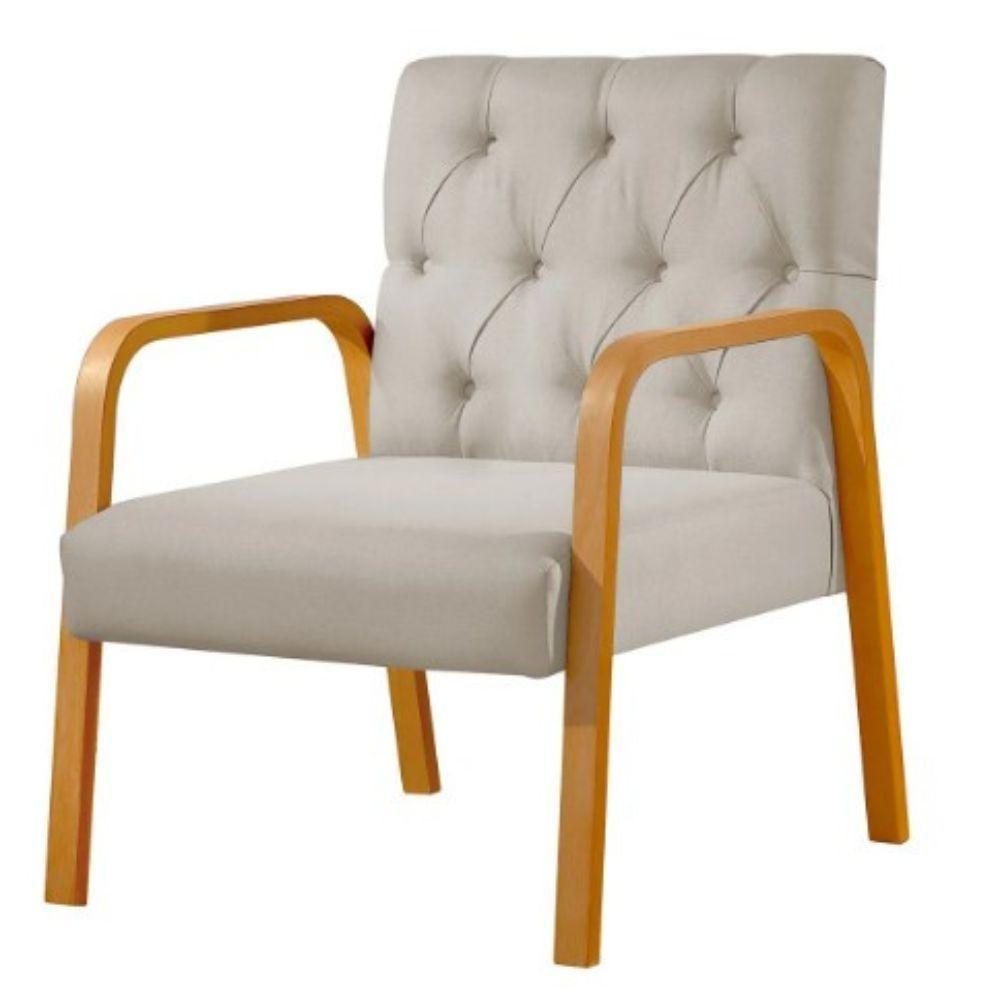 Poltrona Ellie Veludo Bege Com Capitonê E Base Madeira - 1