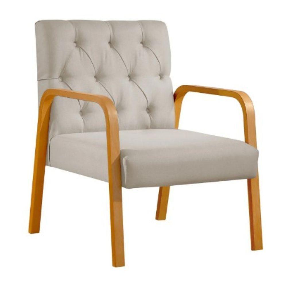 Poltrona Ellie Veludo Bege Com Capitonê E Base Madeira - 5