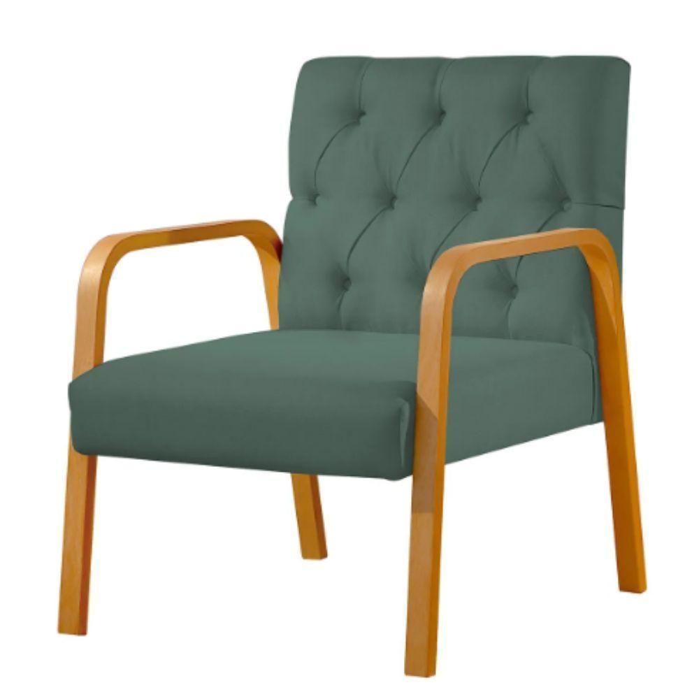 Poltrona Ellie Veludo Verde Com Capitonê E Base Madeira - 1
