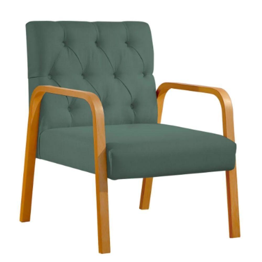 Poltrona Ellie Veludo Verde Com Capitonê E Base Madeira - 5