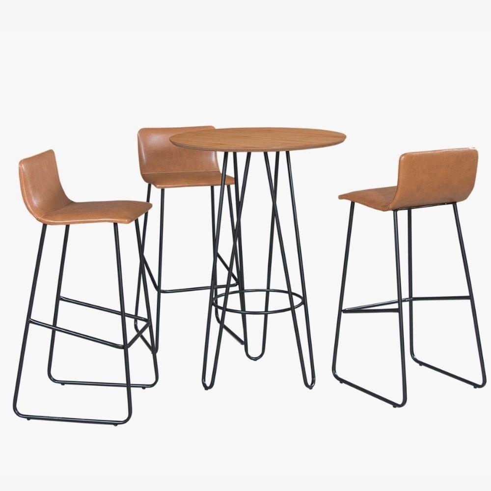 Conjunto Mesa Bistrô Dubai Tampo Madeira Com 3 Banquetas Em Couro Caramelo E Metal Preto - 1