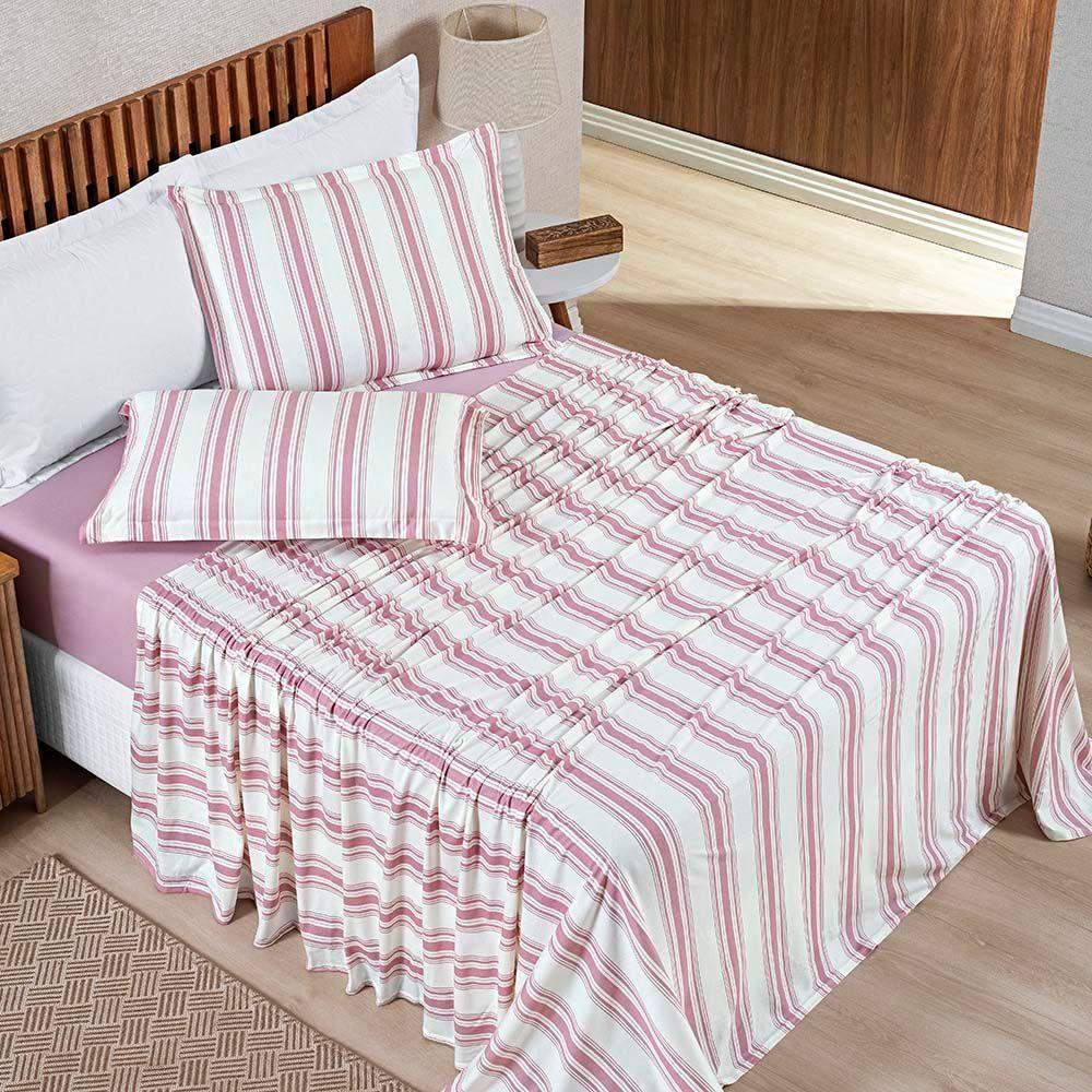 Jogo Cama Lençol Estilo Queen 100% Algodão 4 Peças - Rosa - 1