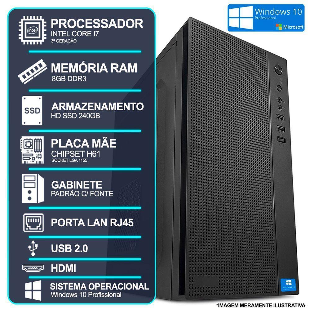Computador Desktop, Intel Core I7 3º Geração, 8gb Ram, Hd Ssd 240gb, Hdmi, Windows 10 Pro 64 Bits - 3
