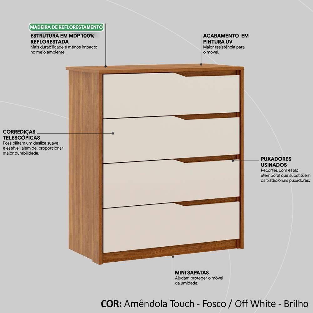 Comoda 04 Gavetas Corrediças Amendola Touch Off White - 8