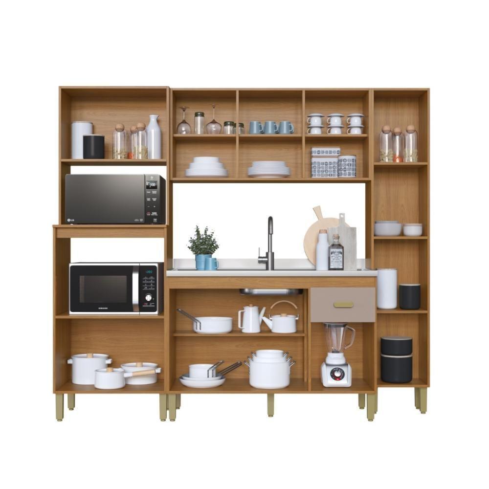 Cozinha Modulada Compacta Fidelitá Mariana 4 Peças 220cm 12 Portas 1 Gaveta Sem Tampo Freijó/camurça - 2