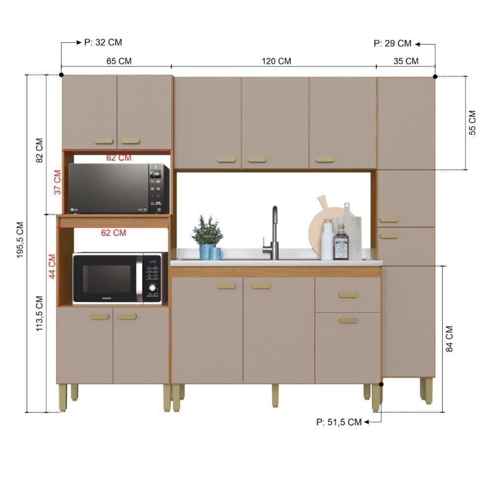 Cozinha Modulada Compacta Fidelitá Mariana 4 Peças 220cm 12 Portas 1 Gaveta Sem Tampo Freijó/camurça - 8