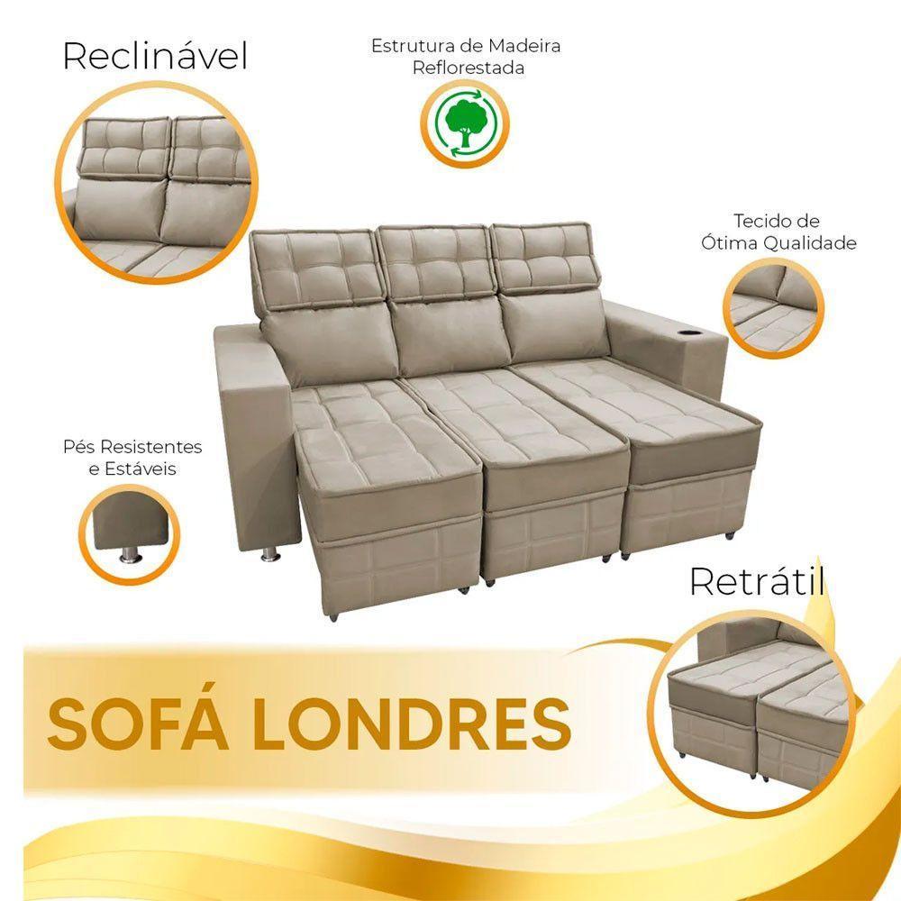 Sofá Retrátil E Reclinável 3 Lugares Londres Speciale Home Bege - 2