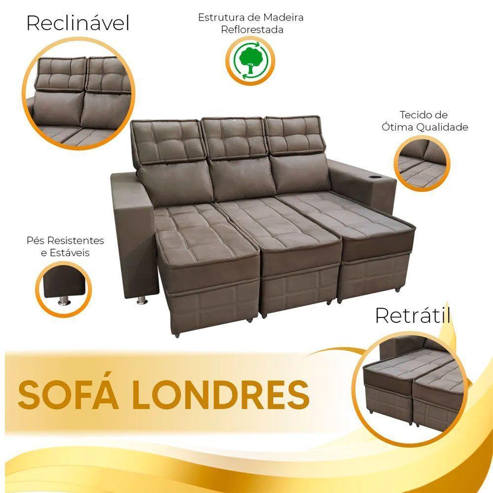 Sofá Retrátil E Reclinável 3 Lugares Londres Speciale Home Marrom - 4