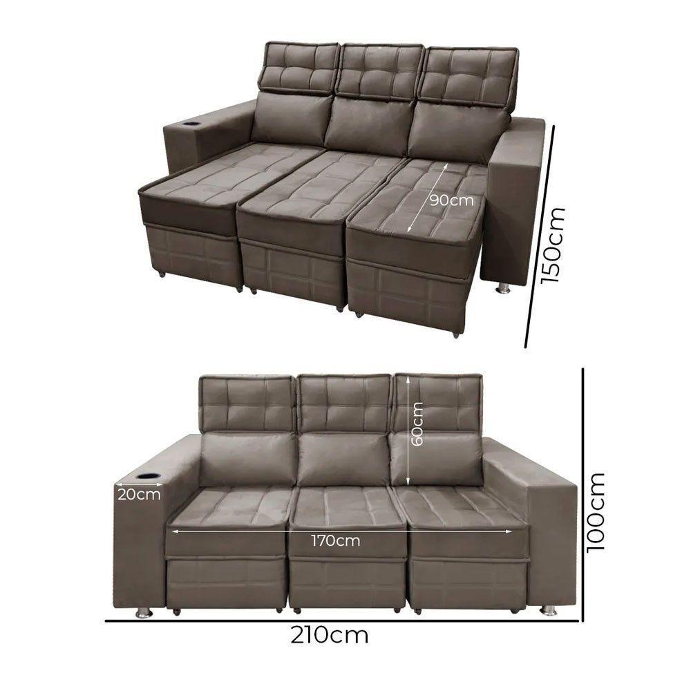 Sofá Retrátil E Reclinável 3 Lugares Londres Speciale Home Marrom - 5