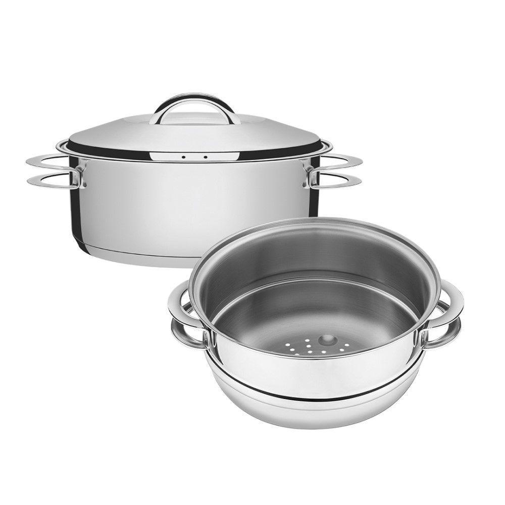 Jogo De Caçarola Rasa + Cozi-vapore Solar 24 Cm 4,7 L Em Aço Inox Fundo Triplo Tramontina - 1