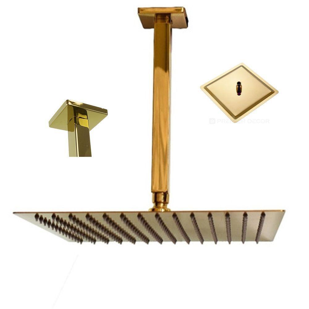 Ducha Chuveiro Inox Slim Dourado Teto 20x20 Quadrado Suporte - 1