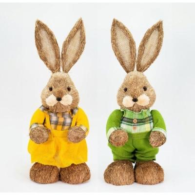 Casal De Coelhos Páscoa Decoração Em Palha Coelhinhos Coloridos 60cm
