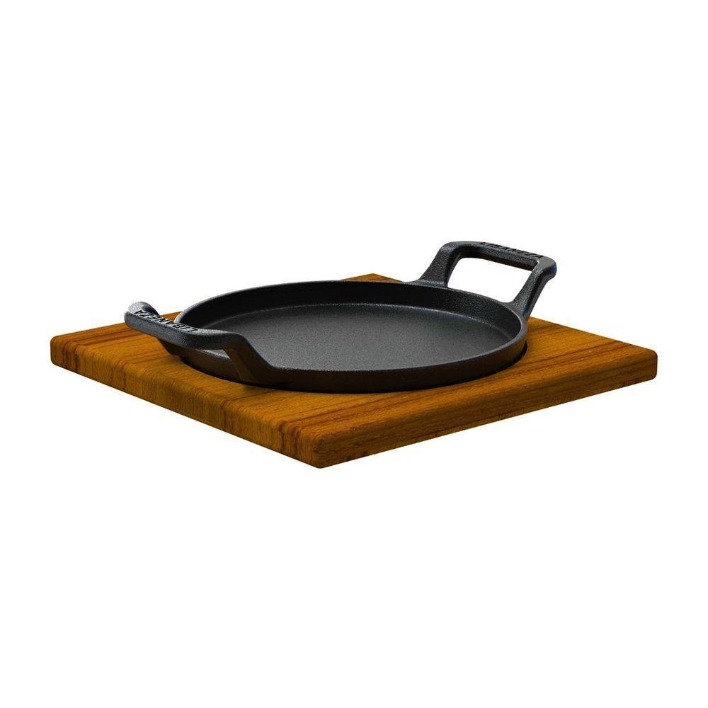 Bifeteira Redonda Alça Ferro Fundido Suporte Madeira 22cm - 1