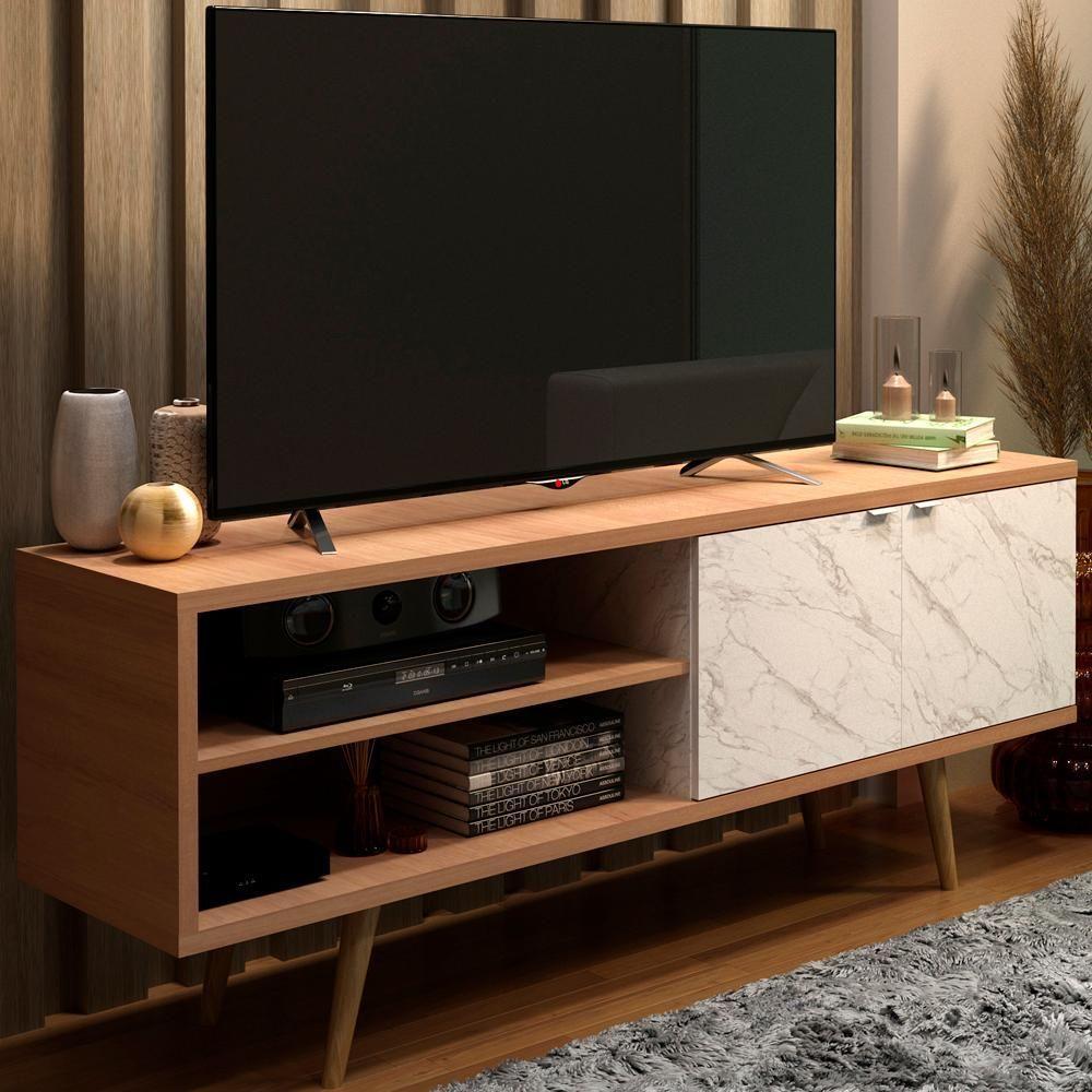 Rack Para Tv 55 Pol 160 Cm 2 Portas R1482 Amendoa Marmore Branco Tecno Mobili Amendoa Marmore Branco - 3