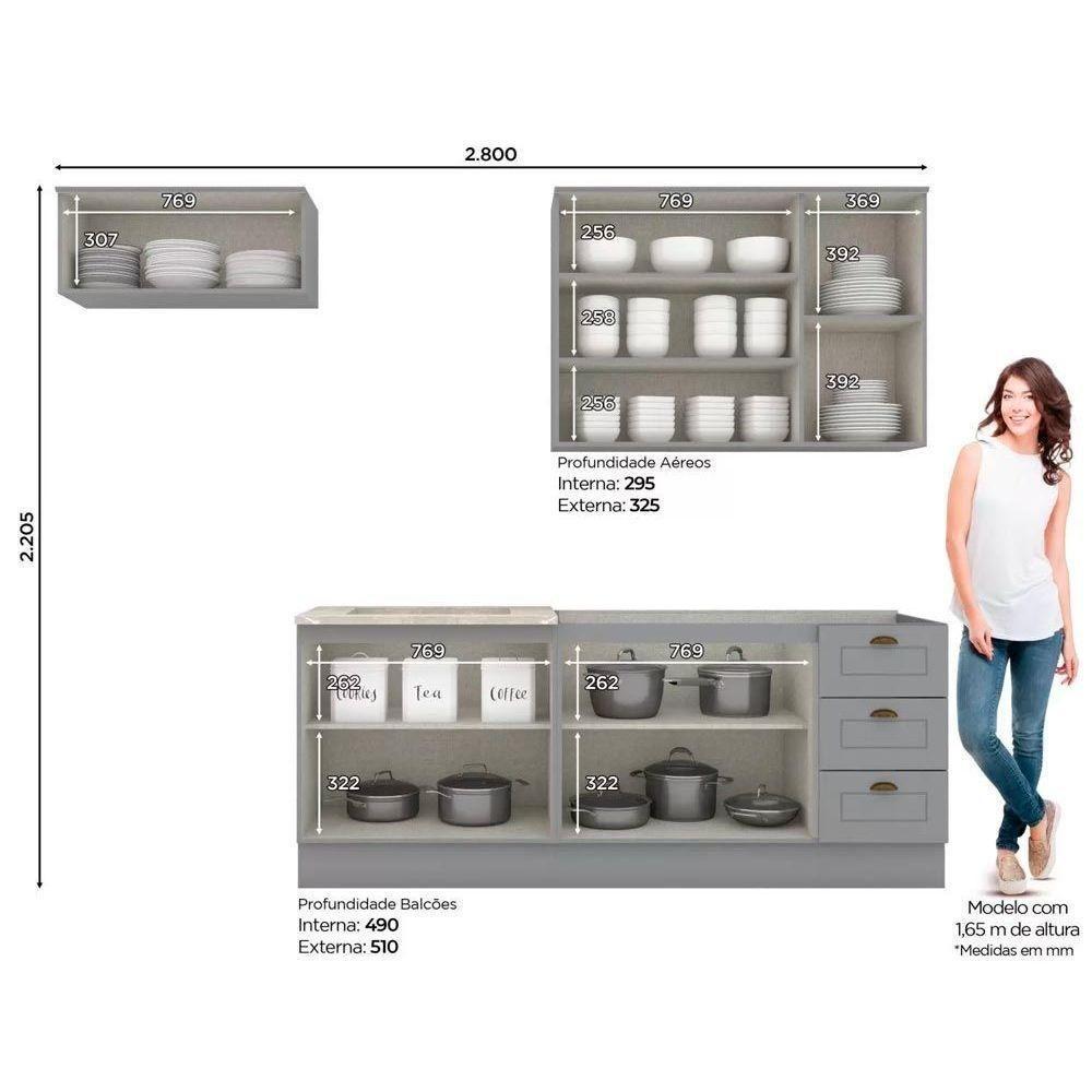 Kit De Cozinha Modulada 5 Peças Americana (2 Aéreos. 2 Balcões, 1 Complementos) Cinza - Henn - 6