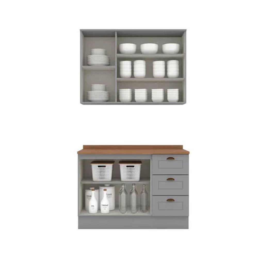 Kit de Cozinha Modulada 3 Peças Americana (1 Aéreo. 1 Balcão, 1 Complemento) Cinza - Henn - 2