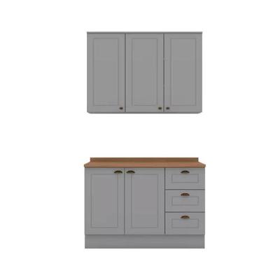 Kit de Cozinha Modulada 3 Peças Americana (1 Aéreo. 1 Balcão, 1 Complemento) Cinza - Henn