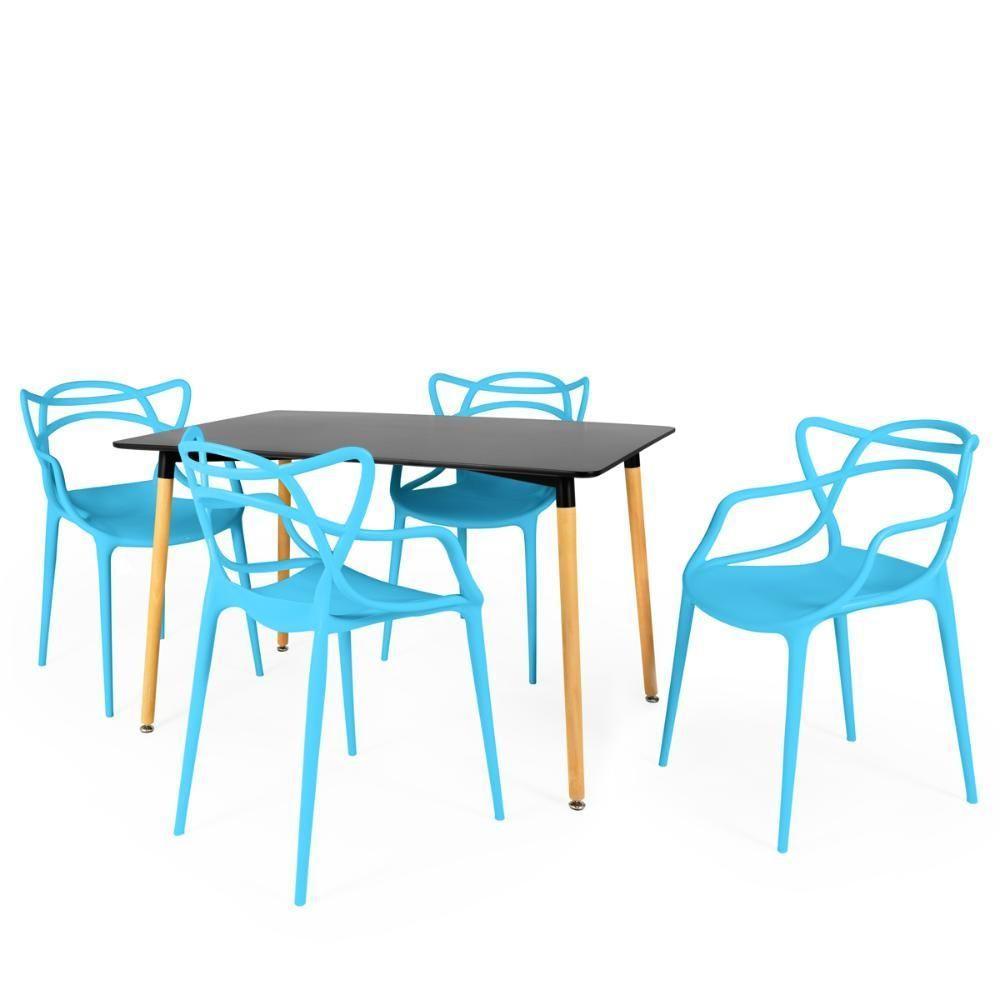 Conjunto Mesa De Jantar Retangular Eiffel Preta 120x80cm Com 4 Cadeiras Allegra - Azul - 1