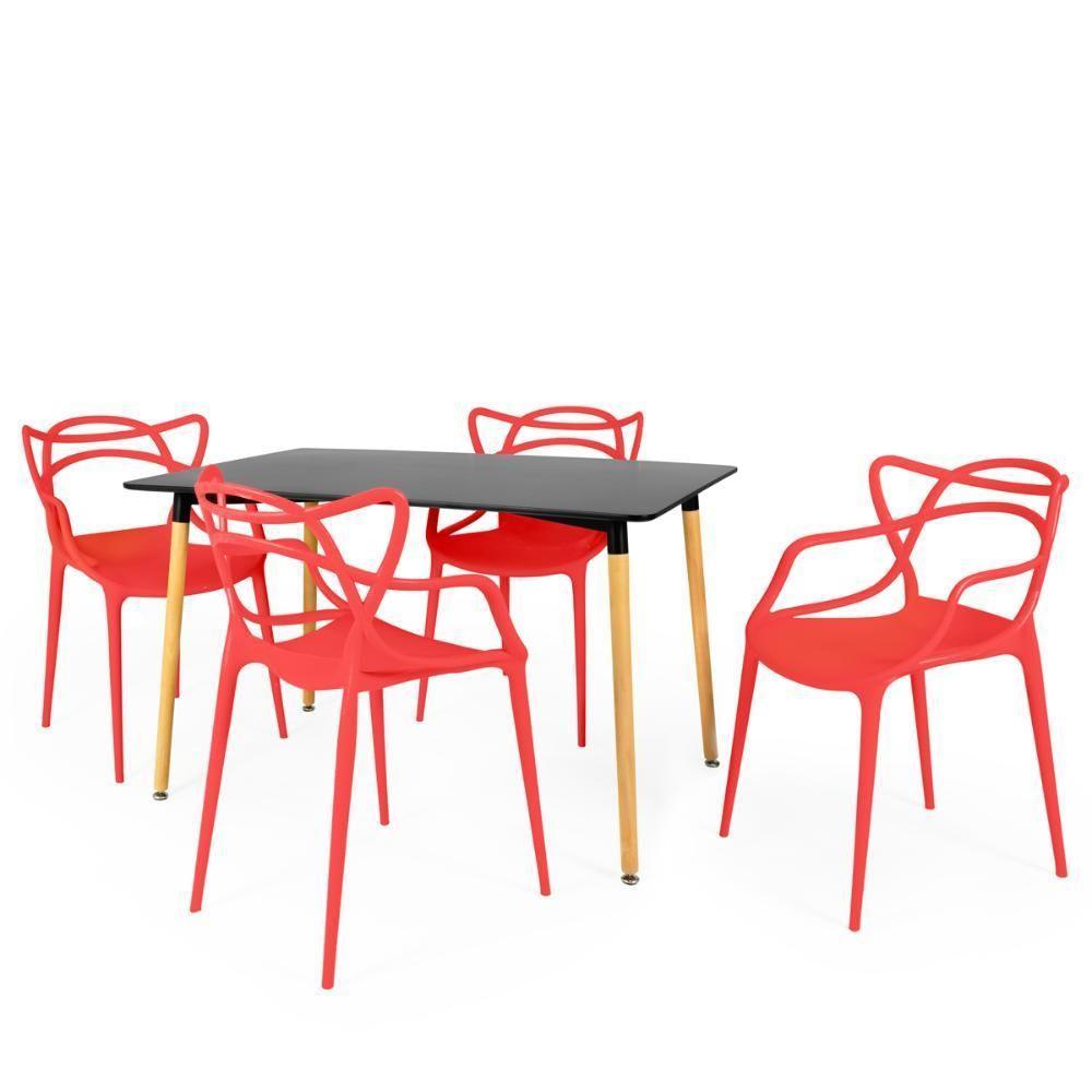Conjunto Mesa De Jantar Retangular Eiffel Preta 120x80cm Com 4 Cadeiras Allegra - Vermelho - 1