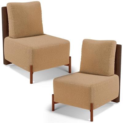 Kit 02 Poltronas Decorativas Hungria L02 Couríssimo Bouclê Amarelo Marrom Mostarda Lyam Decor