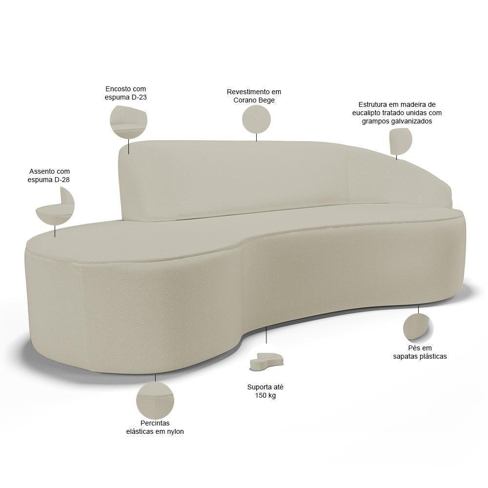 Sofá 3 Lugares Curvo Sala De Estar Living Firenze Direito D02 Corano Bege 210 Cm C-26 - Lyam - 2
