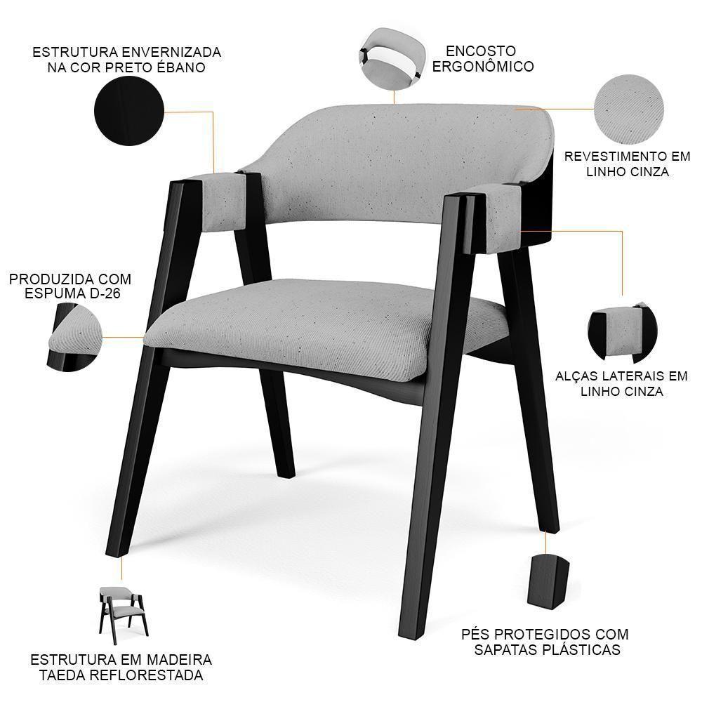 Cadeira Para Sala De Jantar Estar Living Estofada Suran L02 Preto Linho Cinza - Lyam Decor - 2