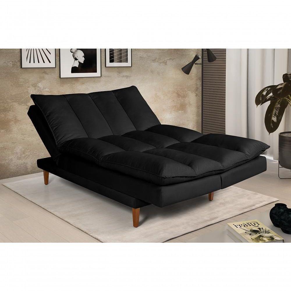 Sofá Cama Vancouver 3 Lugares Império Reclinável Casal Pés Madeira Suede Preto 381 - 3