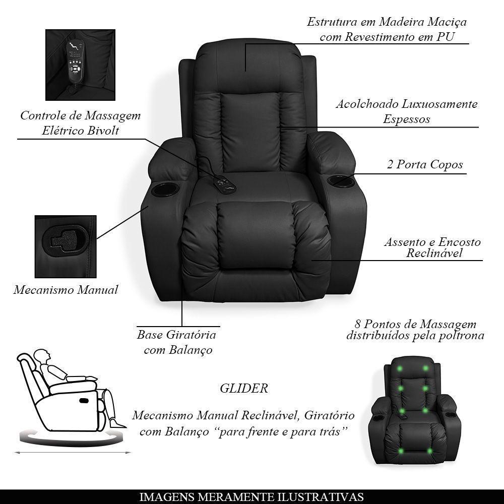 Poltrona Do Papai Com Massagem E Aquecimento Reclinável Miami Balanço Giratória Preto G31 Encantum - 3