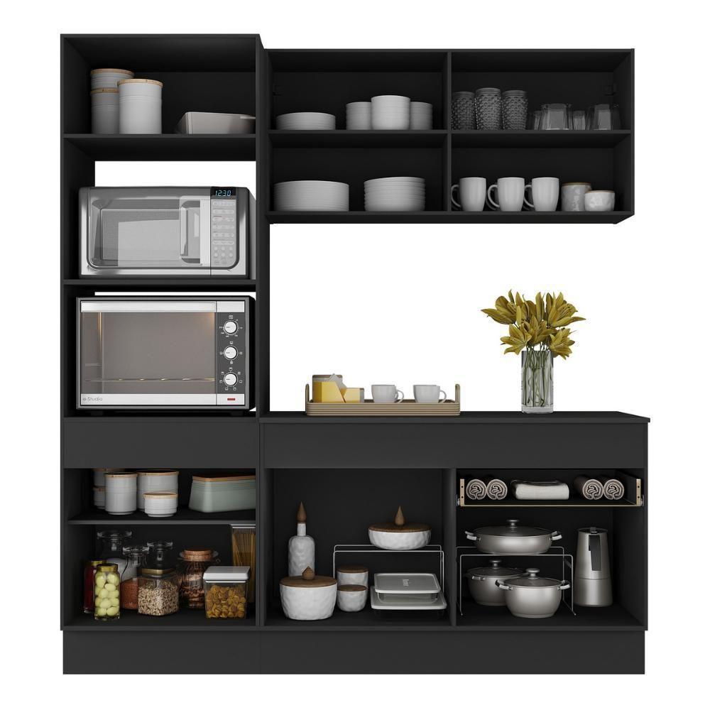 Armário De Cozinha Compacta 3 Peças Com Rodapé Mp2177 Made Multimóveis Preto/dourado Preto/dourado - 4