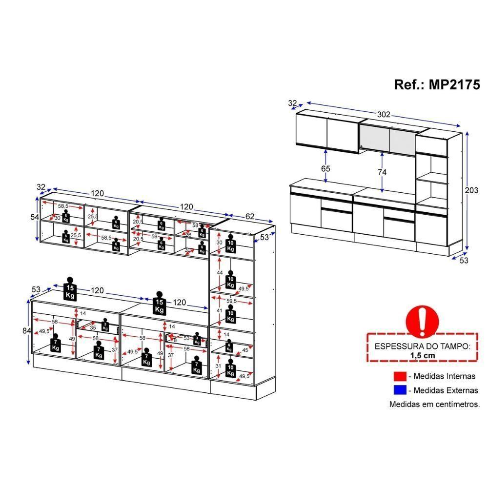 Armário De Cozinha Completa 5 Peças Com Rodapé Mp2175 Made Multimóveis Branco/preto Branco/preto - 4