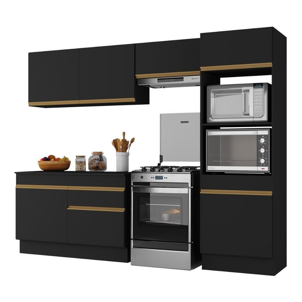Armário De Cozinha Compacta 4 Peças Com Rodapé Mp2193 Made Multimóveis Preto/dourado Preto/dourado - 1