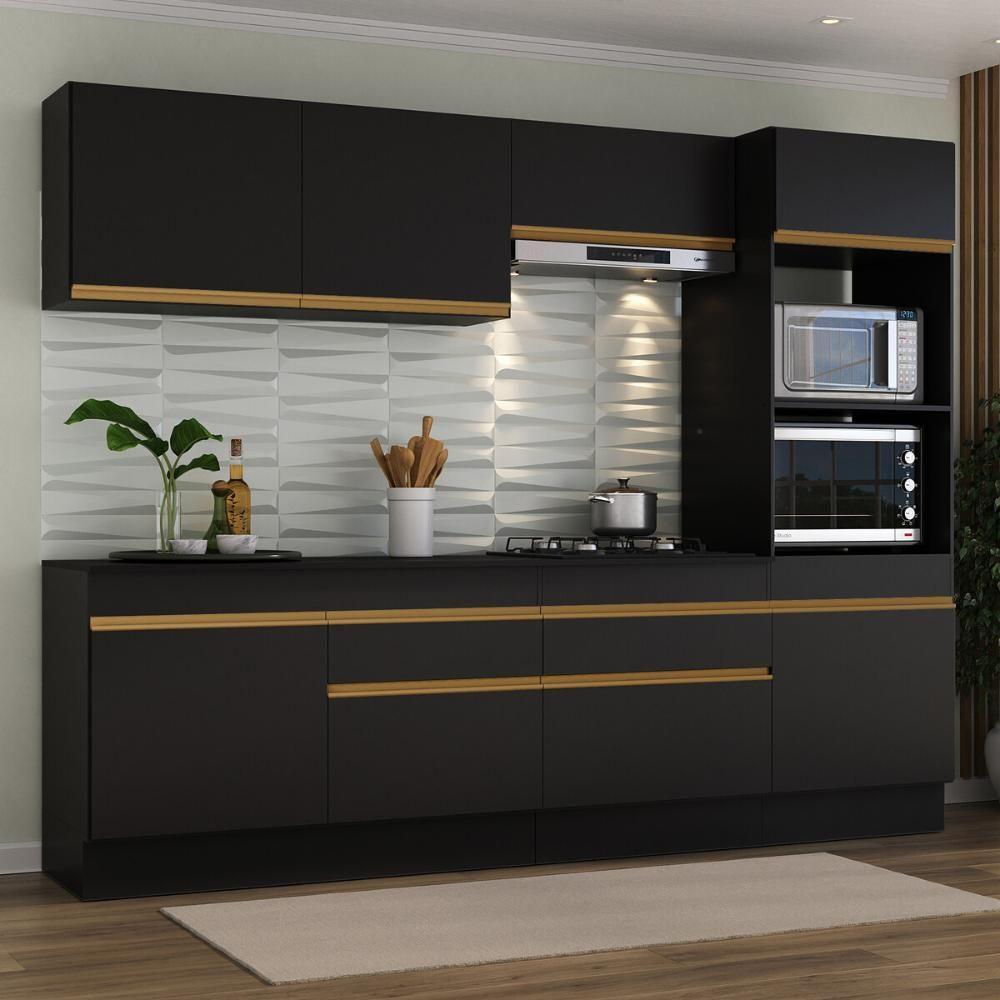 Armário De Cozinha Completa 5 Peças Com Rodapé Mp2180 Made Multimóveis Preto/dourado Preto/dourado - 3