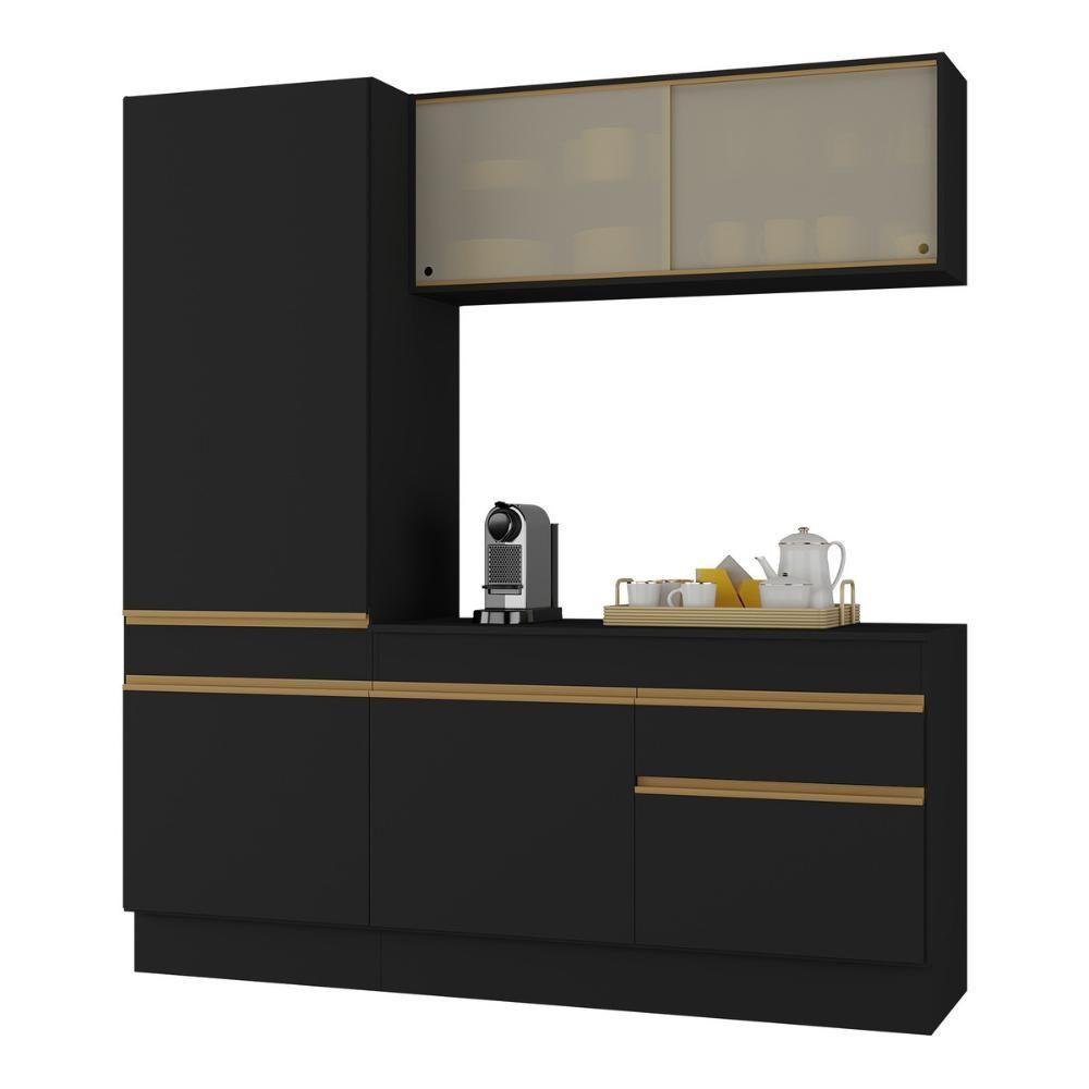 Armário De Cozinha Compacta 3 Peças Com Rodapé Mp2179 Made Multimóveis Preto/dourado Preto/dourado - 1