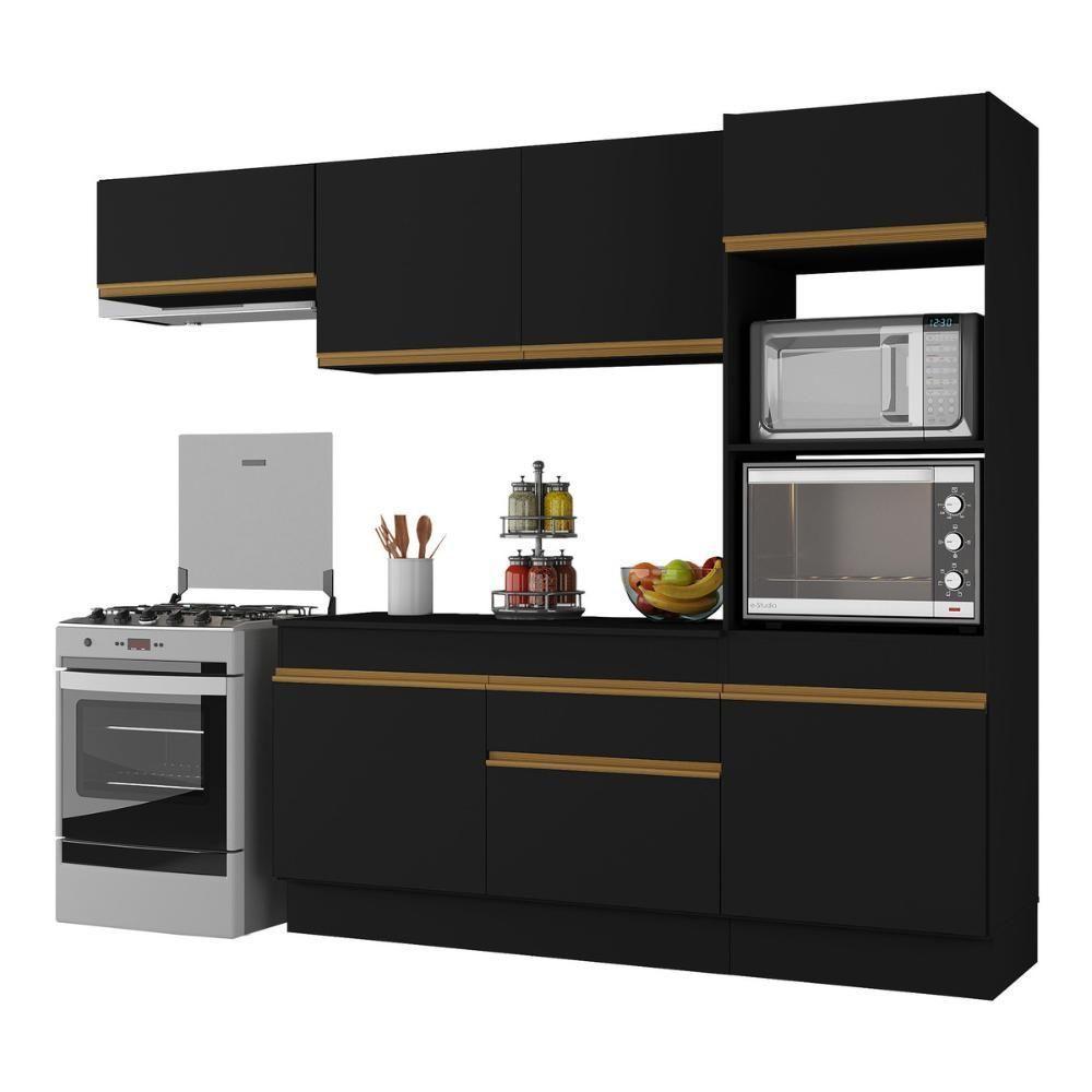 Armário De Cozinha Compacta 4 Peças Com Rodapé Mp2176 Made Multimóveis Preto/dourado Preto/dourado - 1