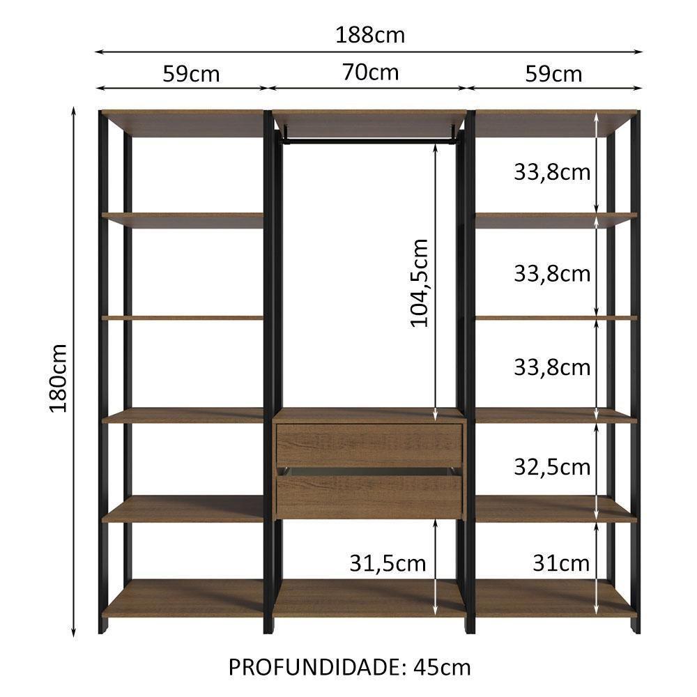 Guarda-roupa Closet Modulado Valencia 2 Gavetas 188cm Rustic/preto Madesa 01 Rustic/preto - 9