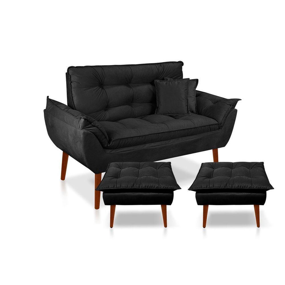 Kit C/ 01 Namoradeira Opala + 02 Puffs Opala + 02 Almofadas Suede Preto - 1