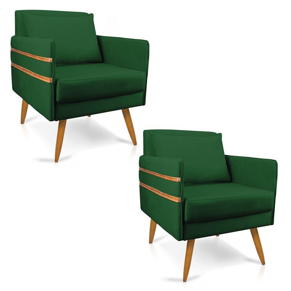 Kit 02 Poltronas Mari Suede Verde Pés Palito Castanho - 1