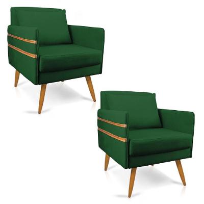Kit 02 Poltronas Mari Suede Verde Pés Palito Castanho