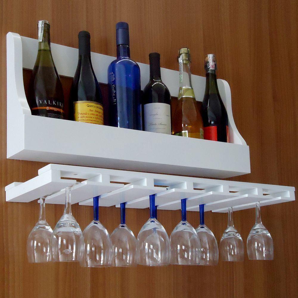 Porta Taças E Prateleira Adega Para Vinhos Garrafas Bar Branco Laca - 1