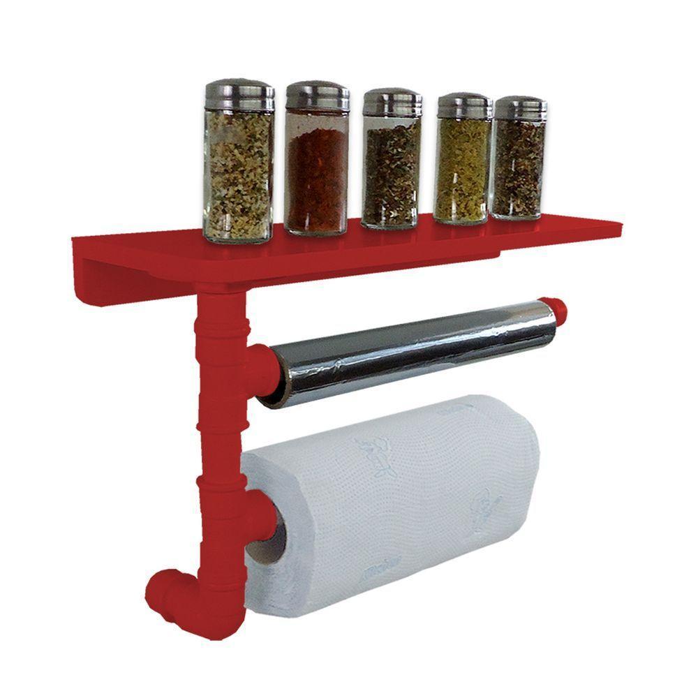 Suporte De Parede Porta Papel Toalhas E Prateleira Para Temperos Cozinha Estilo Industrial Vermelho - 2