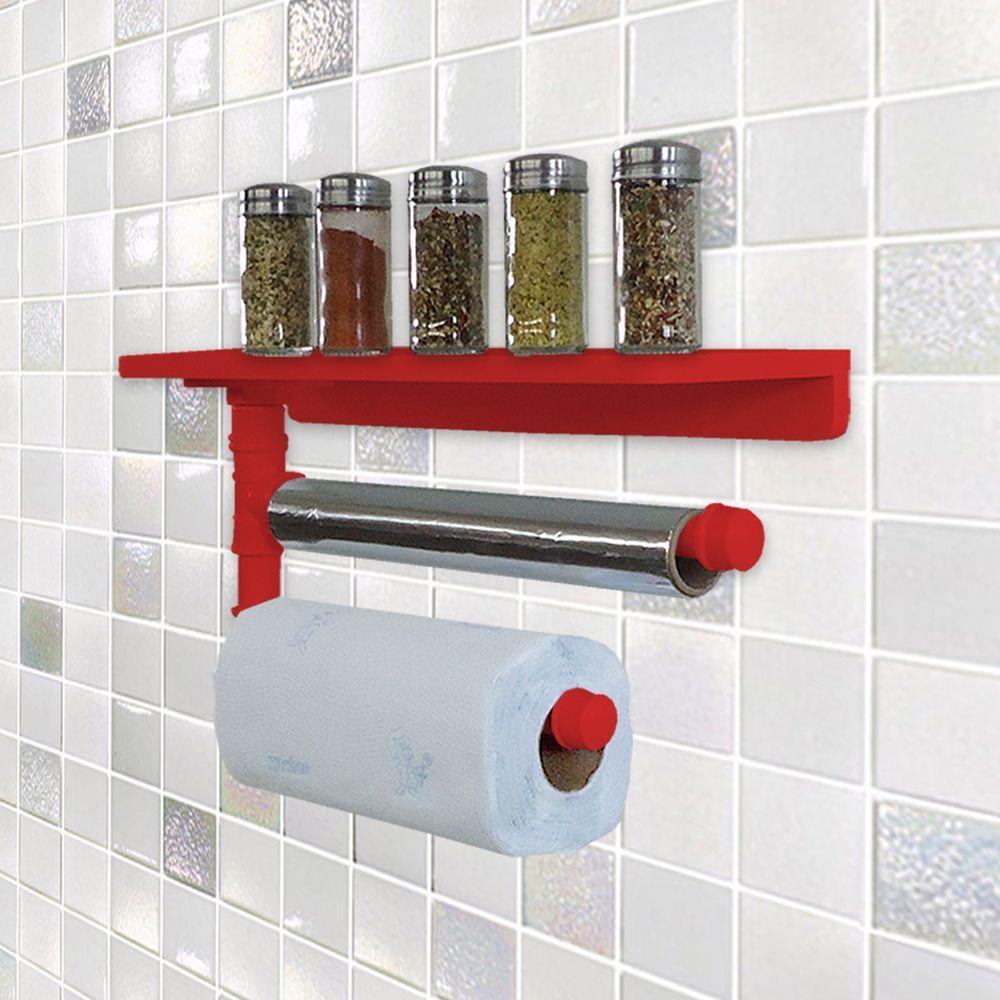 Suporte De Parede Porta Papel Toalhas E Prateleira Para Temperos Cozinha Estilo Industrial Vermelho - 3