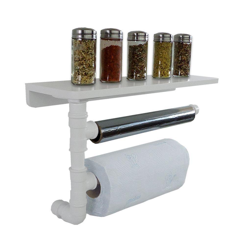 Suporte De Parede Porta Papel Toalhas E Prateleira Para Temperos Cozinha Estilo Industrial Branco - 2
