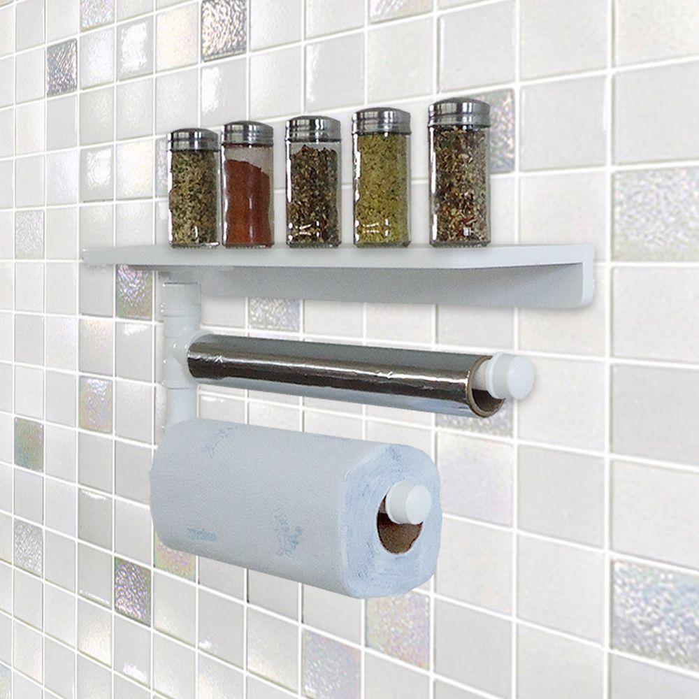Suporte De Parede Porta Papel Toalhas E Prateleira Para Temperos Cozinha Estilo Industrial Branco - 3