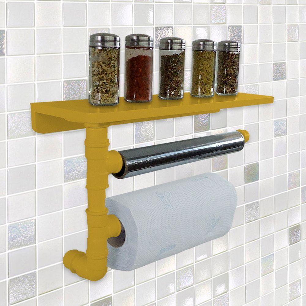 Suporte De Parede Porta Papel Toalhas E Prateleira Para Temperos Cozinha Estilo Industrial Amarelo - 1