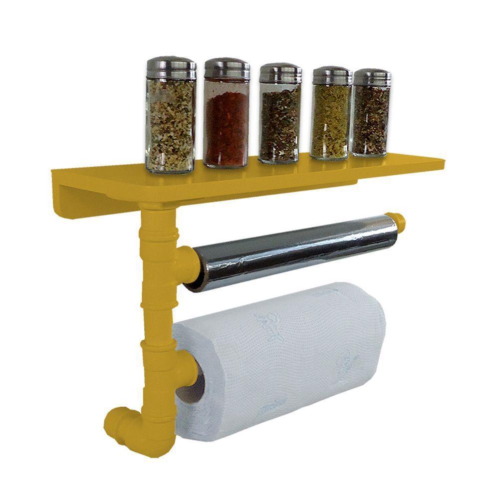 Suporte De Parede Porta Papel Toalhas E Prateleira Para Temperos Cozinha Estilo Industrial Amarelo - 2