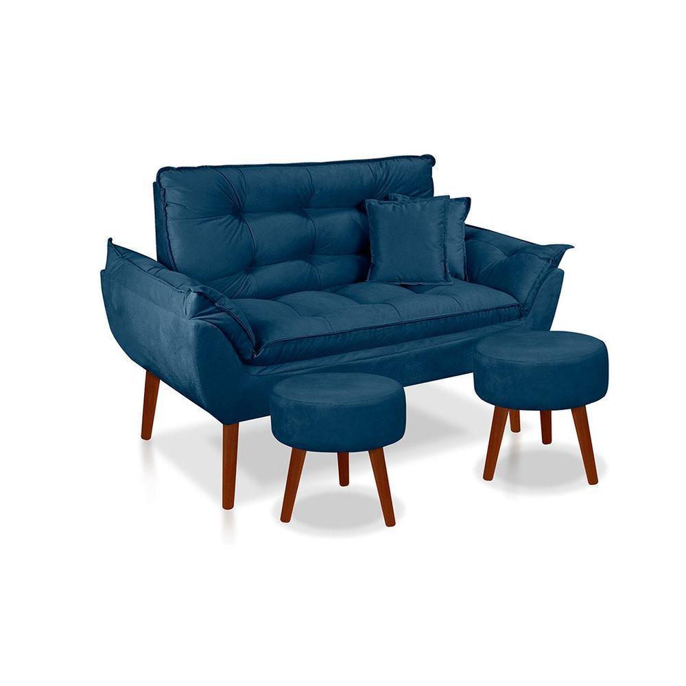 Kit C/ 01 Namoradeira Opala + 02 Puffs Redondo Danny + 02 Almofadas Suede Azul Marinho - 1