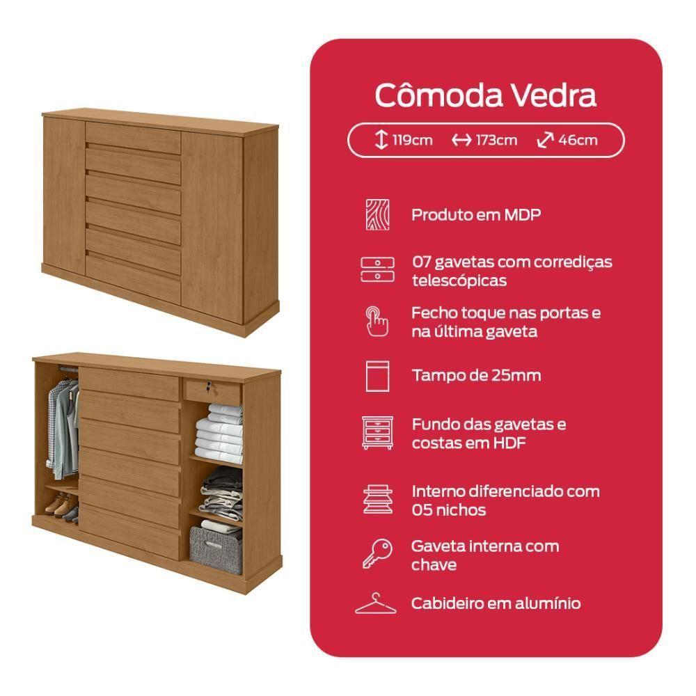 Cômoda Vedra 7 Gavetas 2 Portas Amêndoa Clean - 5