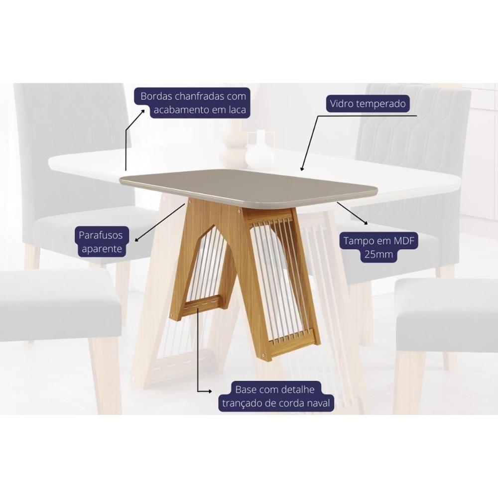 Conjunto: Mesa Sala Jantar Carol c/ Tampo Madeirado c/ Vidro 130cm + 4 Cadeiras Maia Nature/Off White/Gengibre - Cimol - 4